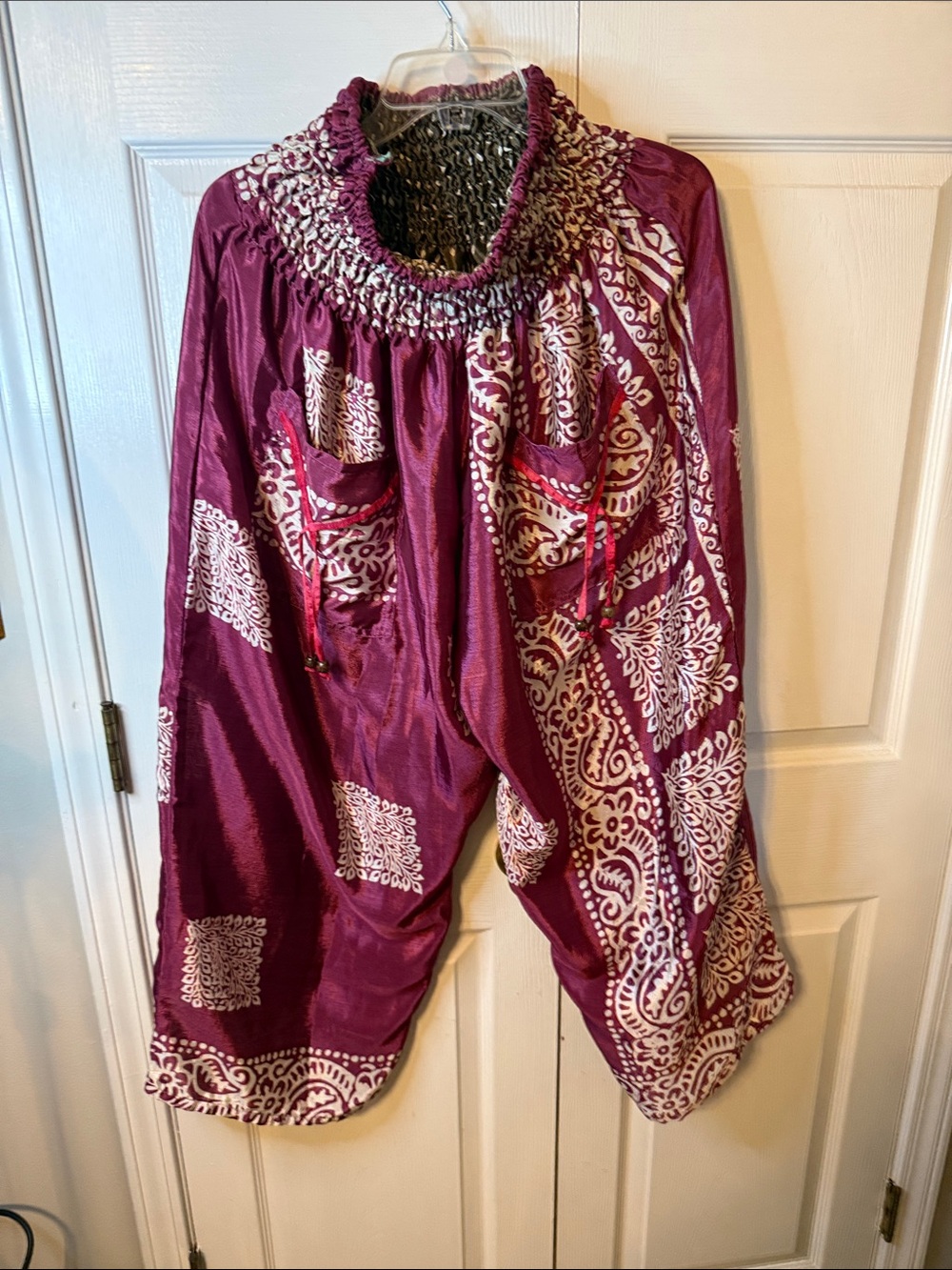 Boho Smocked Waist Harem Pants in Berry with White Print